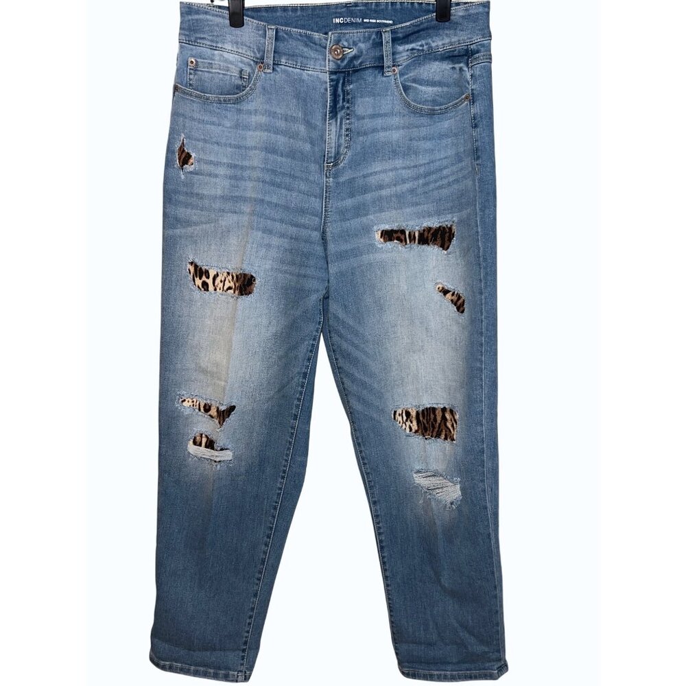 INC Denim Mid Rise Boyfriend Jeans size 12/31 Distressed Leopard Patch - Picture 3 of 12